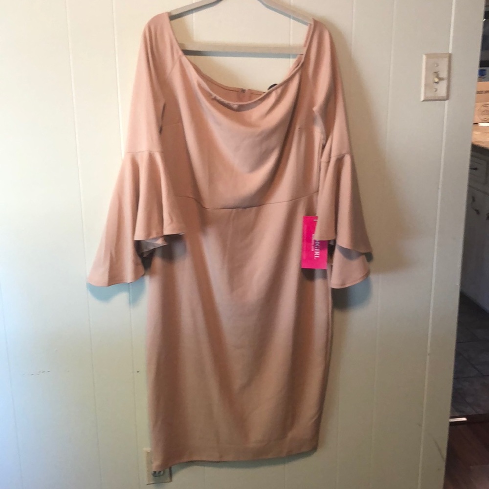 Nude/blush body con almost off the shoulder dress